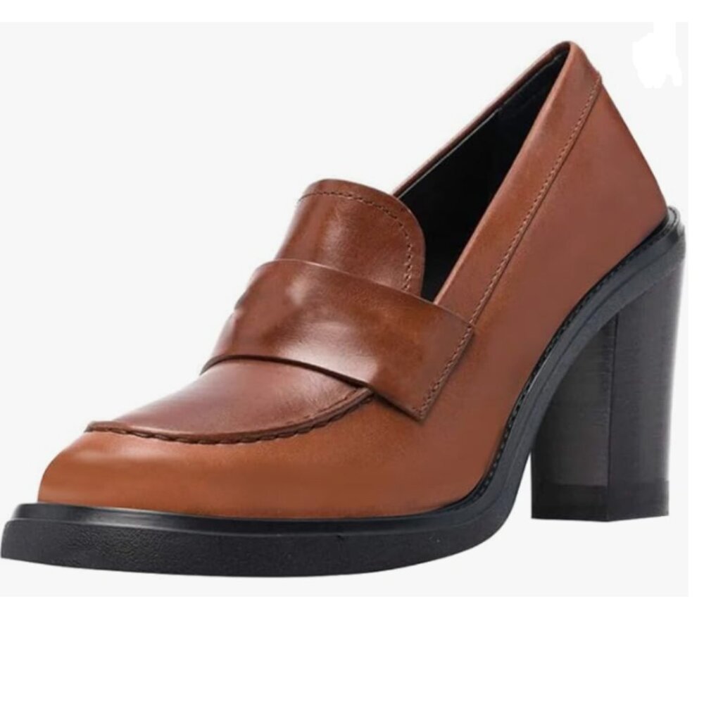 YDN Pure Brown Chunky High Heels Round Toe Oxford Loafer Office Work Pumps